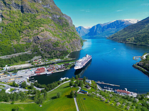 Aerial view of a cruise ship docked in Flam port, Norway.