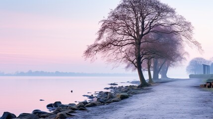 Winter landscape with frozen trees on the shore