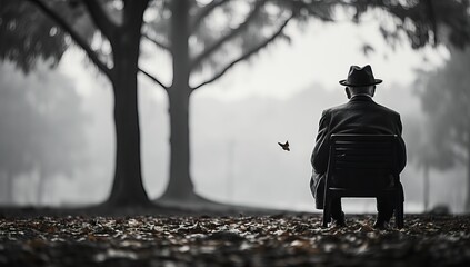 Man in hat sitting on a chair in a foggy forest.