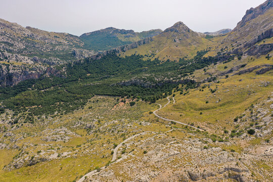 Aerial view of mountain side with green landscape and a road going down the middle in Coll dels Reis in Balearic Islands, Spain.