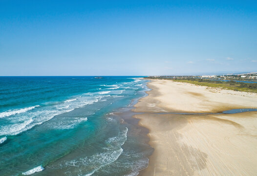 Aerial view of a waves in the sea near the beach, Jisr az-Zarqa, Israel.