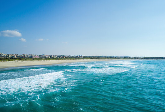 Aerial view of a waves in the sea near the beach, Jisr az-Zarqa, Israel.