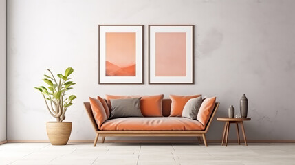 Fototapeta premium Mock up eines Posterrahmens an einer weißen Stuckwand über einer Holzkommode mit Wohndekor. Rustikale Inneneinrichtung eines modernen Wohnzimmers. Generiert mit KI