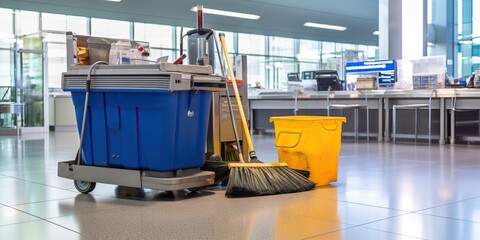Mop and bucket with cleaning equipment in airport terminal. Cleaning service concept - obrazy, fototapety, plakaty