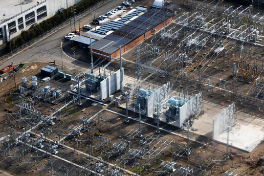 Aerial view of Electrical Substation for Reliable Energy Supply, Victoria, Australia.