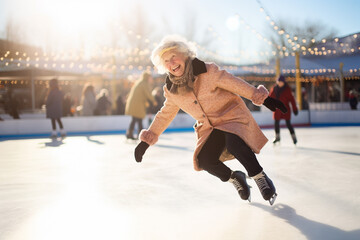 happy smiling old woman skating in the ice rink