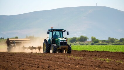 Obraz premium Farmer with tractor preparing land