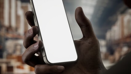 CU African-American Black male worker using smartphone inside huge warehouse, png