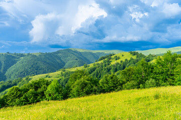 Carpathians mountains landscapes from green meadow on sunset, Apetska mountain, Ukraine