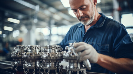 Skilled Technician Inspecting Parts, working in a factory, with copy space, blurred background