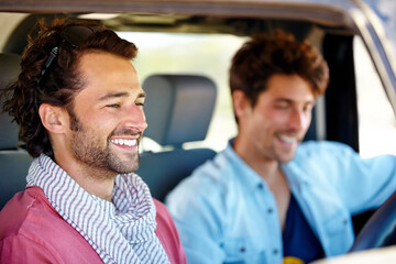 Freedom,, driving and happy men friends in a car for road trip, adventure or vacation together. Travel, transportation and people laugh in a vehicle for holiday, trip or journey outdoor while bonding