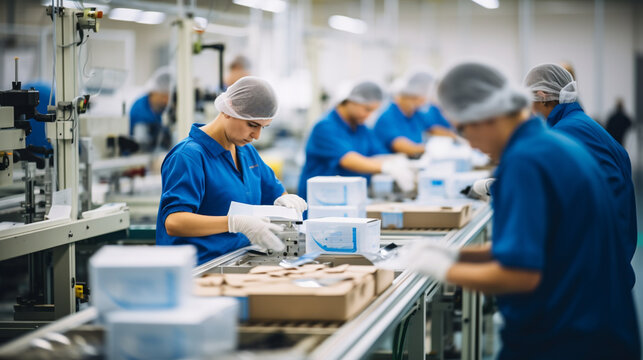 Team of Workers Assembling Products, working in a factory, with copy space, blurred background