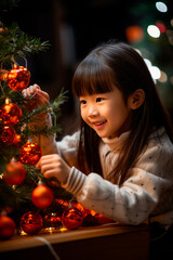 happy korean girl decorates christmas tree