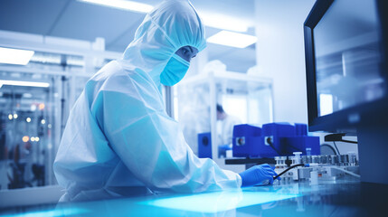 Precise Quality Control Inspector, working in a factory, with copy space, blurred background