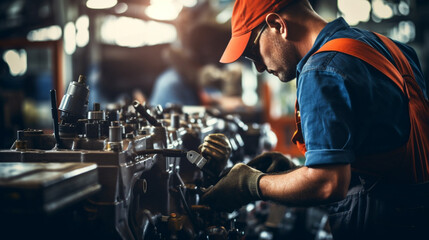 Mechanic Repairing Machinery, working in a factory, with copy space, blurred background