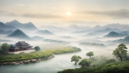 Beautiful landscape of China's mountains with a river in the middle and in the distance are ancient houses and a blue sky full of white clouds