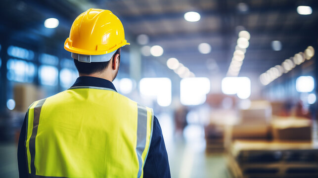 Factory Worker Inspecting Product, working in a factory, with copy space, blurred background