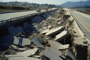 Highway damage from earthquake: cracks, crevices, faults, fractures, rifts, gashes. Generative AI