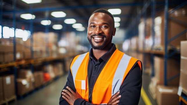 Portrait of a Shift Leader, working in a factory, with copy space, blurred background