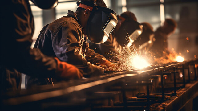 Welding and Fabrication Team, working in a factory, with copy space, blurred background
