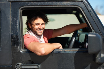 Smile, portrait and man in van on road trip with freedom, travel and desert adventure for summer vacation. Transport, holiday journey and happy driver in car with nature, sunshine and countryside.