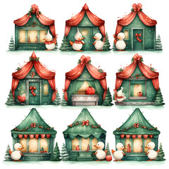 collection of Auditorium set, decorate for christmas season with red and green color, christmas watercolors, watercolor illustration