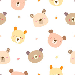 Seamless Childish Pattern of Cartoon Bear Face and Star Design on White Background
