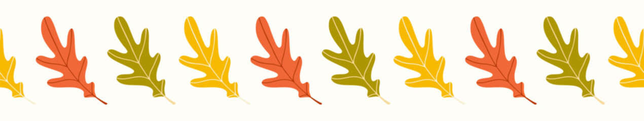 Seamless border of doodle oak leaves on isolated background. Hand drawn background for Autumn harvest holiday, Thanksgiving, Halloween, seasonal, textile, scrapbooking, washi tape.