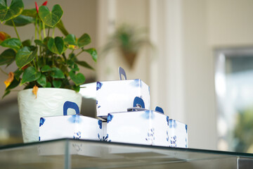 Many white boxes mock-up with some blue designs with a shop background and one plant vase.        