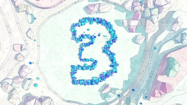 Digit 3 Made of of Colorful Balls Falling into Stone Canyon. Animation in Cartoon Style for Learning Digits, Numbers and Count that is a Part of 0 to 9 Sequence.