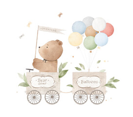 Cute bear drives a train. Teddy bear seller of balloons. Watercolor illustration. Can be used for cards, invitations, baby shower, posters. © bukhavets