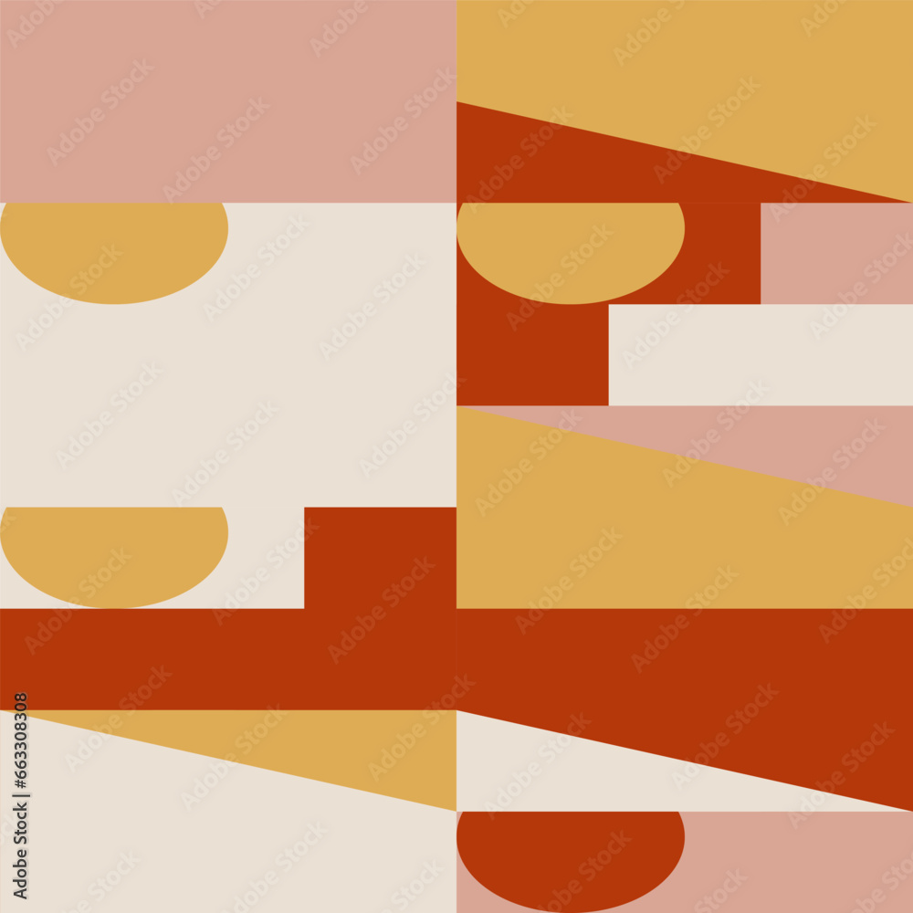 Poster Abstract geometric vector seamless pattern. Modern background with simple shapes. Circles, squares, rectangles, triangles in pastel yellow, terracotta, pink and white colors