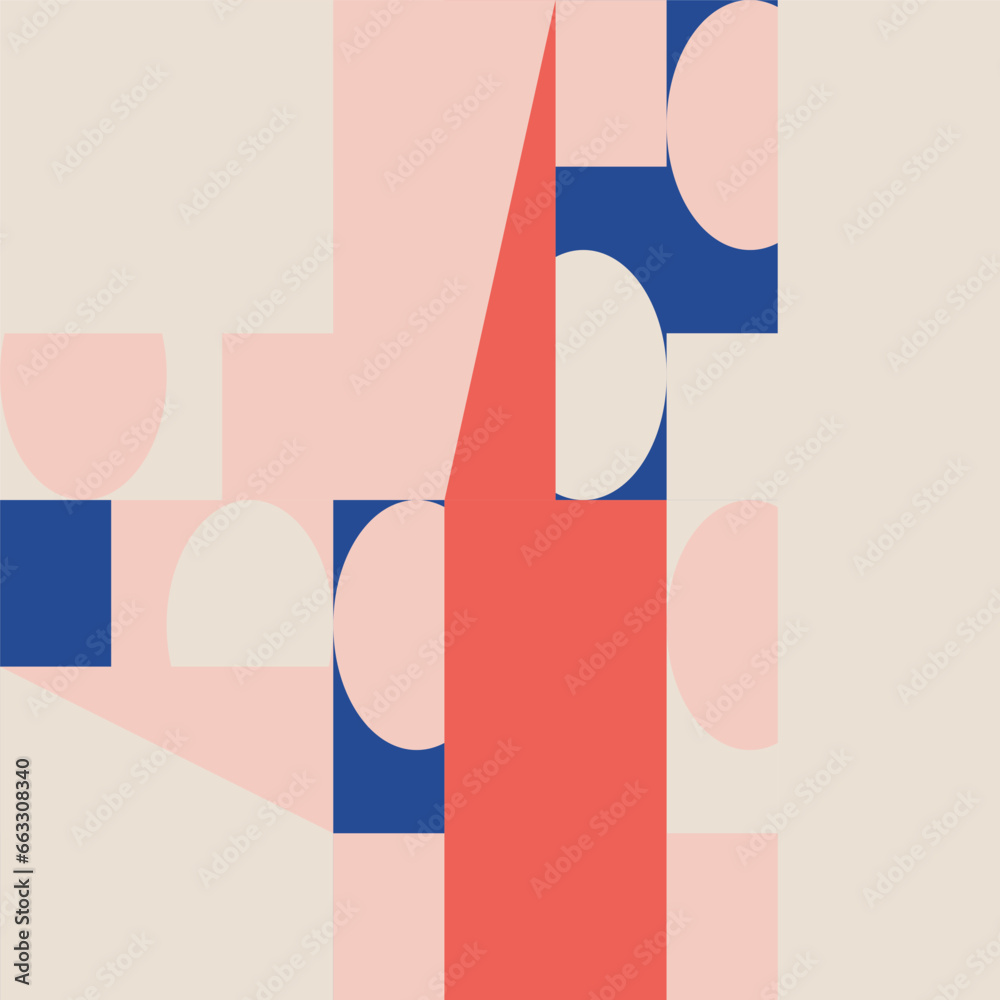 Aufkleber Abstract geometric vector seamless pattern. Modern background with simple shapes. Circles, squares, rectangles, triangles in pastel blue, red, pink, white colors