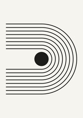Abstract geometric minimalist artwork. Mid century modern and Bauhaus inspired retro poster with an arch and circle. Modern trendy black and white wall art with simple shapes.
