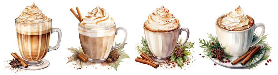 Watercolor Christmas mugs. Decorated cup. winter illustration of Hot drink: Hot chocolate with whipped cream and cappuccino coffee with cinnamon