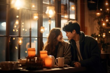 An Asian couple sharing a romantic evening date at a charming, candlelit cafe