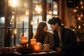 Fotobehang An Asian couple sharing a romantic evening date at a charming, candlelit cafe © NS