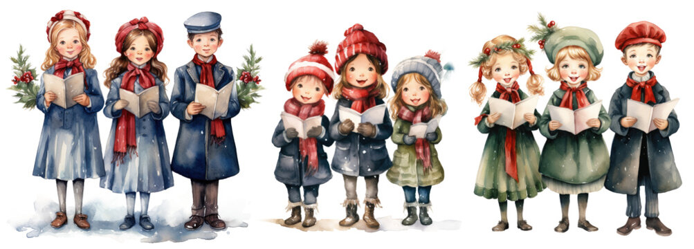Collection of watercolor group of christmas carol singers