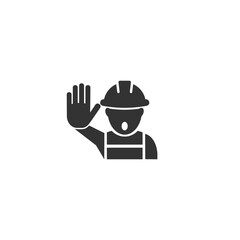 No trespassing sign. Construction worker with outstretched hand showing stop gesture warning vector symbol