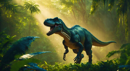 Fototapeta premium Tyrannosaurus rex in the jungle, light shines through. Tyrannosaurus Rex dinosaur in green prehistoric jungle forest on a Sunny morning. lush rain forest. Generative AI