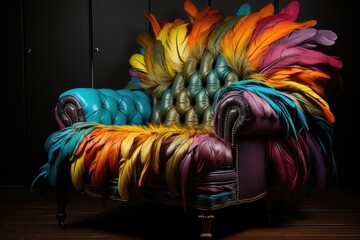 A colorful chair with feathers on top of it