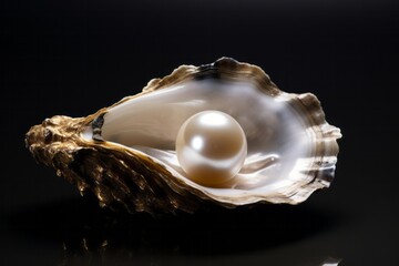 Open oyster with pearl isolated on dark background - obrazy, fototapety, plakaty