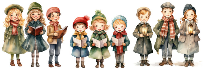 Collection of watercolor group of christmas carol singers - obrazy, fototapety, plakaty