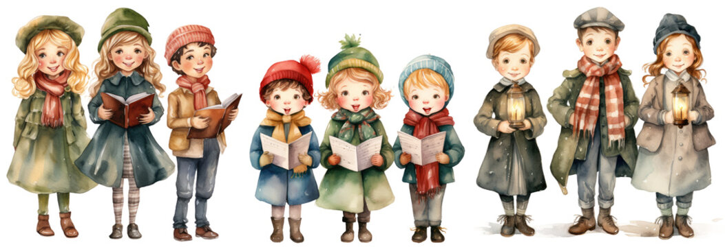 Collection of watercolor group of christmas carol singers