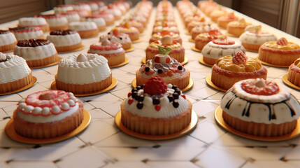 Gâteaux de pâtissier, sur un comptoir en marbre. Pâtisserie, boulangerie, dessert, nourriture. Pour conception et création graphique.
