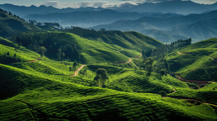 Terraced Tea Plantations in Panoramic View