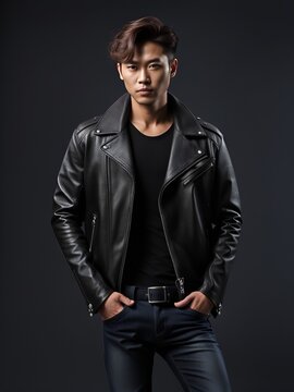 asian handsome man in black leather jacket
