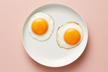 Food concept. Top view of two fried eggs on plate. Minimalist style, muted pastel colors. Generative AI