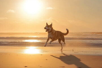 German shepherd dog running on the beach at sunset 