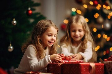 Fototapeta na wymiar dos niñas hermanas abriendo regalos de navidad en salon con árbol de navidad rodeadas de regalos, concepto navidad